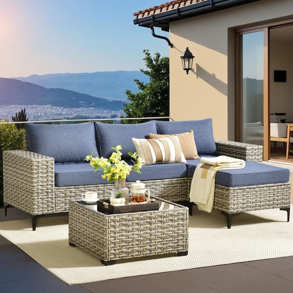 XIZZI Vanessa 5-Piece Wicker Outdoor Patio Conversation Seating Set with Denim Blue Cushions