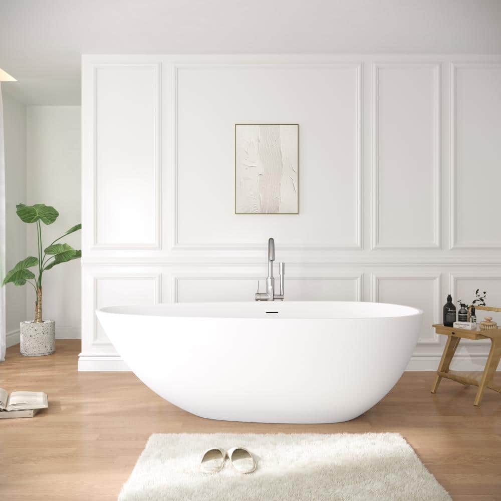 59 in. x 30.7 in. Solid Surface Flatbottom Freestanding Bathtub Contemporary Oval Soaking Bathtub in Matte White price history on PriceWatchPro