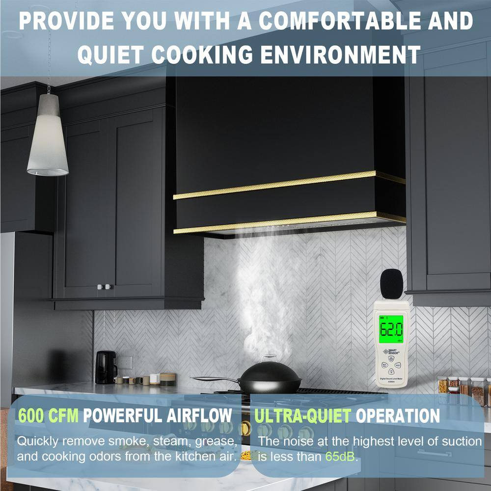 Akicon 36 Inch Black and Gold Stainless Steel Wall Mounted Range Hood