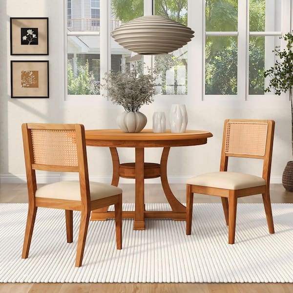Beige Fabric Upholstered Dining Chair with Natural Solid Wood Frame and Woven Backest, Set of 2
