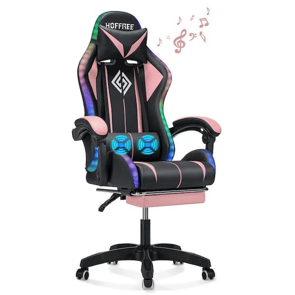 Faux Leather Massage LED Gaming Chair with Bluetooth Speaker in Pink-Black with Footrest Headrest Lumbar Support