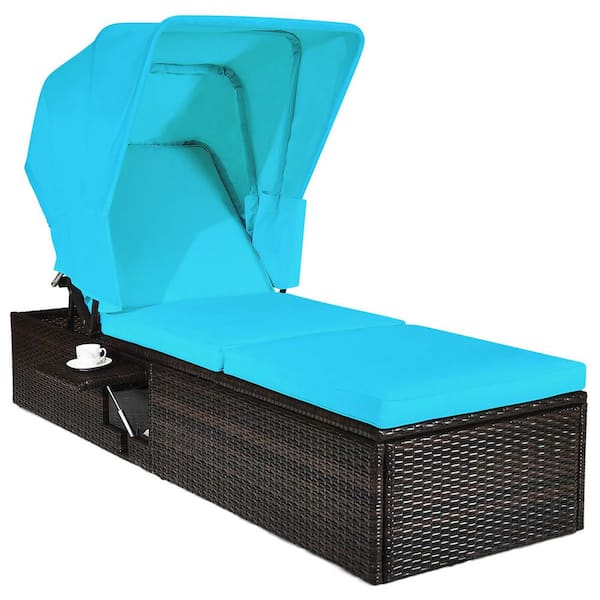 Gymax Rattan Wicker Patio Chaise Lounge Chair with Adjustable Canopy Turquoise Cushion
