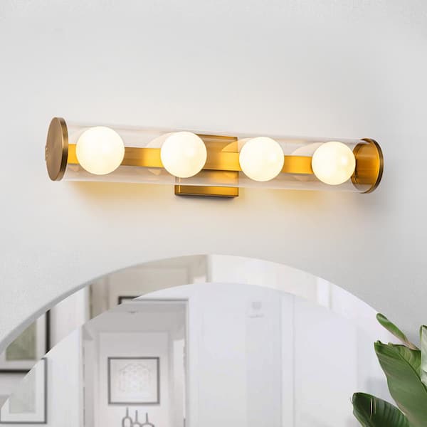 LLHZSY 23.8 in. 4-Light Modern Gold Linear Dimmable Bathroom Vanity Light with Glass Shades
