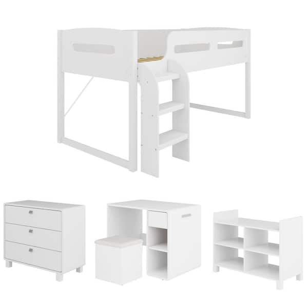 CorLiving Madison 5 Piece All-in-One Single/Twin Loft Bed in Snow White
