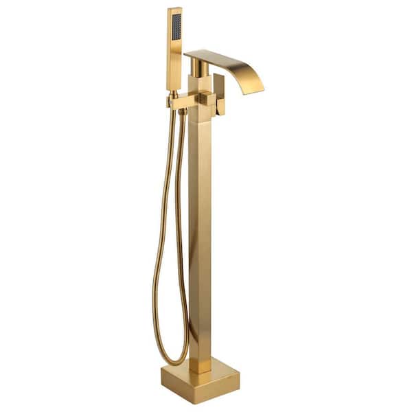 Brass Waterfall Single-Handle Floor Mount Freestanding Bathtub Faucet with Hand Shower and Supply Line in Gold