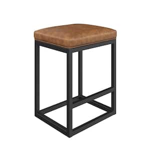 Nelson 24 in. Warm Brown Leather Cushion and Black Stainless Steel Frame Metal Counter Height Bar Stool, Set of 2