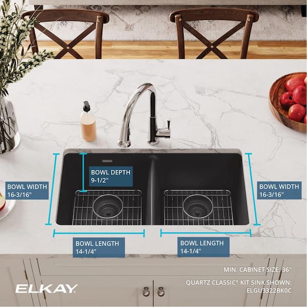 Elkay Quartz Classic Black Quartz 33 in. Equal Double Bowl