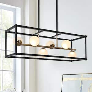 35-Watt Integrated LED Black Chandelier Island, 6-Light Caged Hanging Pendant with Globe Frosted Glass Shades