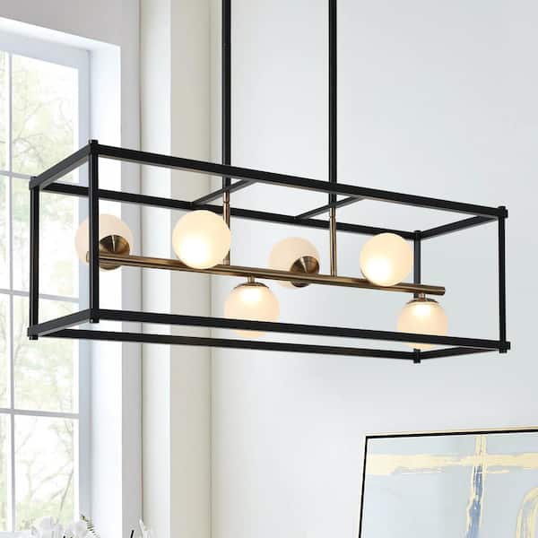 Zevni 35-Watt Integrated LED Black Chandelier Island, 6-Light Caged Hanging Pendant with Globe Frosted Glass Shades