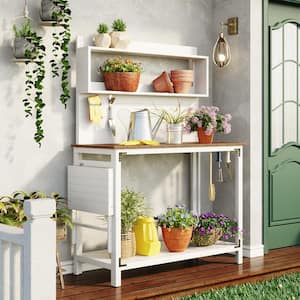 65 in. H x 43.5 in. W x 19.7 in. D Outdoor White Wood Backyard Potting Bench Table Plant Stand with Shelves