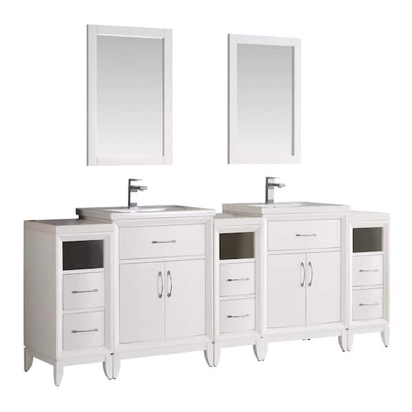 Fresca Cambridge 84 in. Vanity in White with Porcelain Vanity Top in White with White Ceramic Basins and Mirror