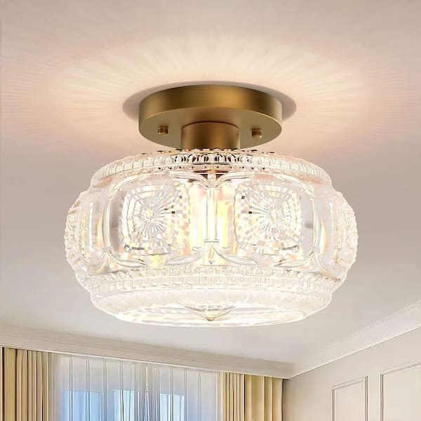 9 in. 1-Light Gold Semi Flush Mount Ceiling Light with Crystal Glass ...