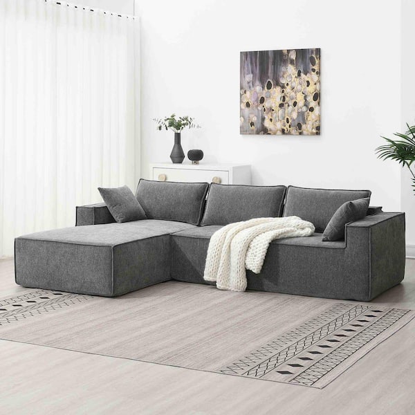 111.5 in. Square Arm Chenille L-Shaped Sofa with Wrinkle-Resistant in Gray