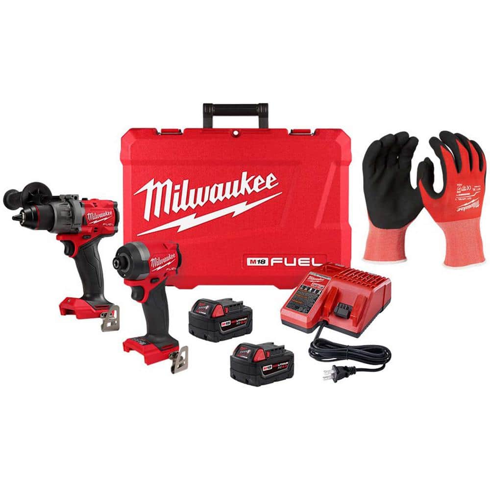 Milwaukee M18 18-Volt Cordless FUEL Brushless Hammer Drill and Impact Driver Combo Kit w/2 Batteries & X-Large Nitrile Cut 1 Glove