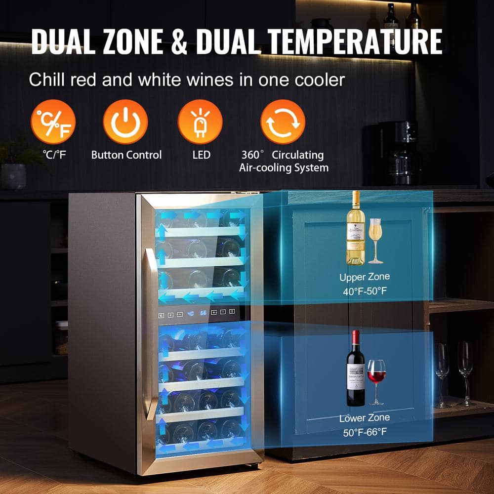 33-Bottle Dual Zone Black Stainless Steel Wine Cooler with LED Lighting