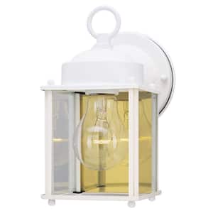 1-Light White Steel Exterior Wall Lantern Sconce with Clear Glass Panels