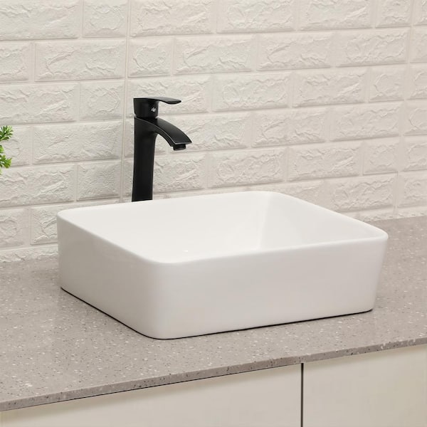 Staykiwi 19 in Ceramic Rectangle Vessel Sink in White with Faucet in Matte Black and Water Hoses
