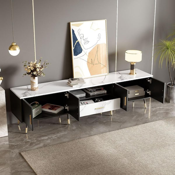 71 in. High Modern TV Stand for TVs Up to 80 in. with 2-Cabinets and Open Compartments White and Black