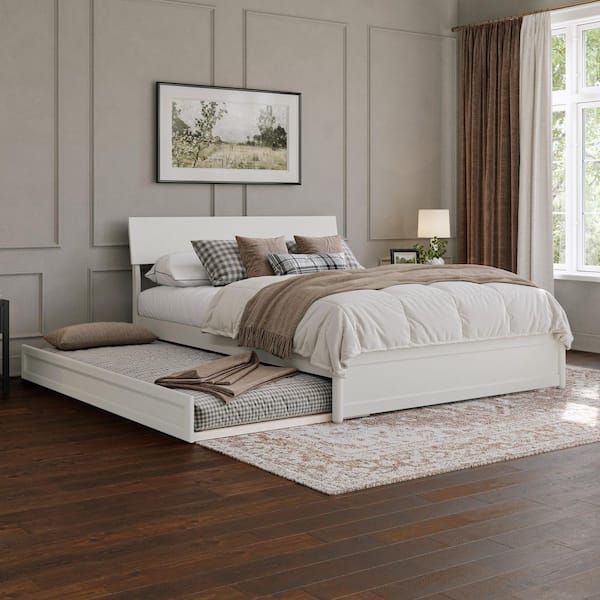 Norla White Wood Frame Queen Platform Bed with Footboard and Twin XL Trundle