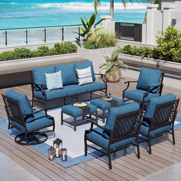 PHI VILLA Black Meshed 9-Seat 7-Piece Metal Outdoor Patio Conversation Set with Peacock Blue Cushions 2 Swivel Chairs 2 Ottomans