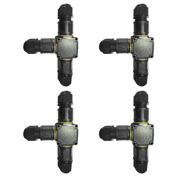 IP68 Waterproof Outdoor 3-Pin 3 Way Connector Electrical Junction Box M20 Cable Connector for LED Light Black 4-Pack