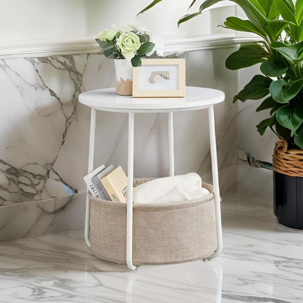 Benjara 17.55 in. White and Beige Round Wood End Table with Basket