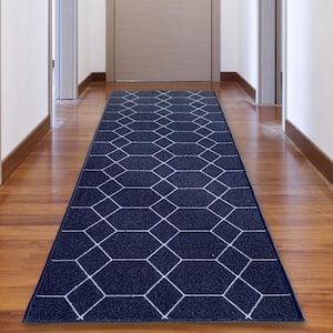 Hexagon Trellis Blue Color 26 in. Width x Your Choice Length Custom Size Roll Runner Rug/Stair Runner