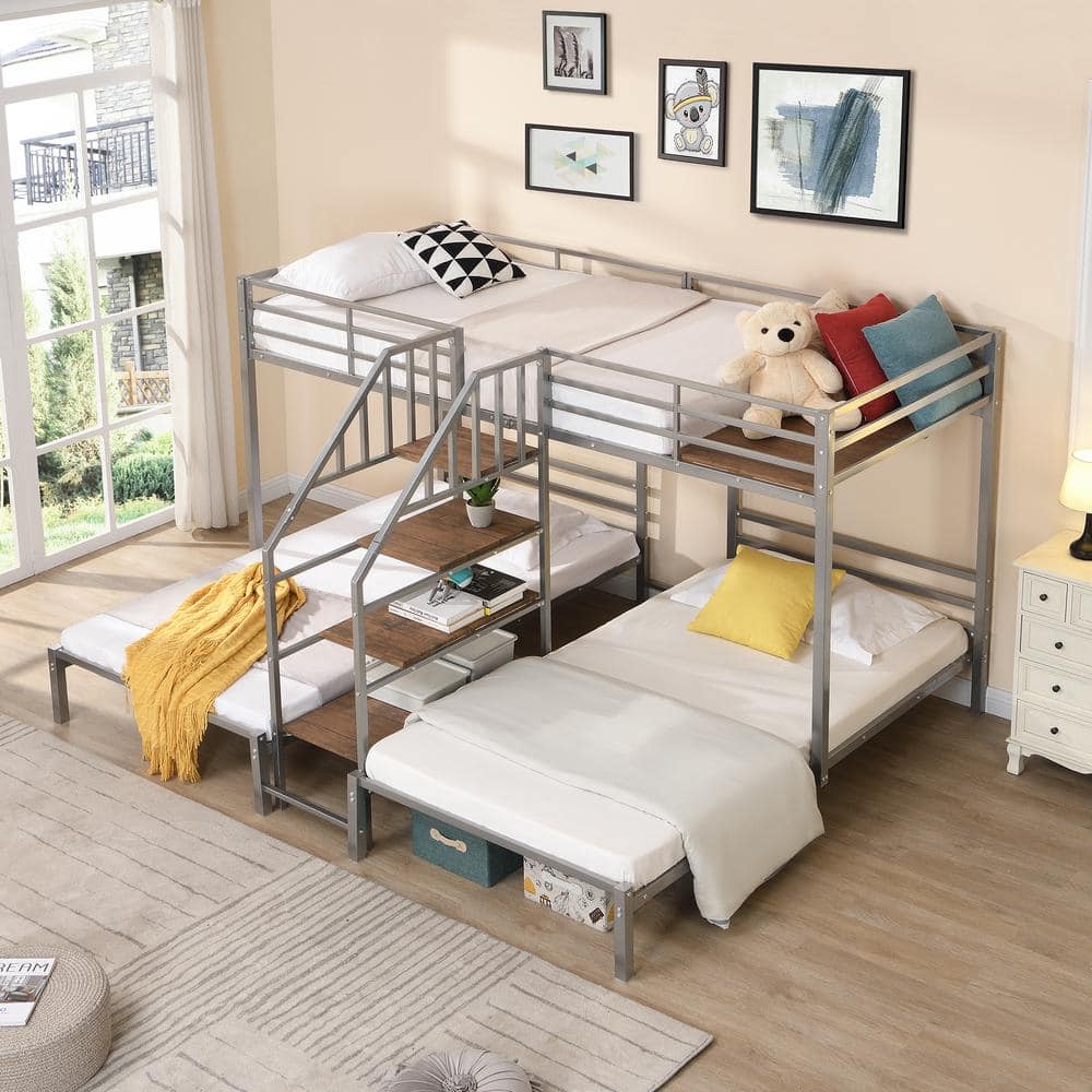 Harper & Bright Designs Silver Twin over Twin Metal Triple Bunk Bed ...