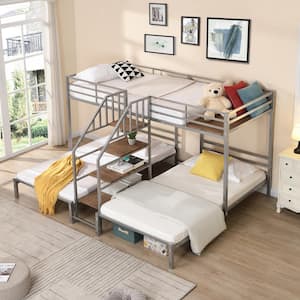 Silver Twin over Twin Metal Triple Bunk Bed with Storage Shelves Staircase