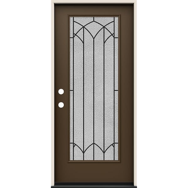 JELD-WEN 36 in. x 80 in. Right-Hand Full Lite Mointclaire Decorative Glass Dark Chocolate Steel Prehung Front Door