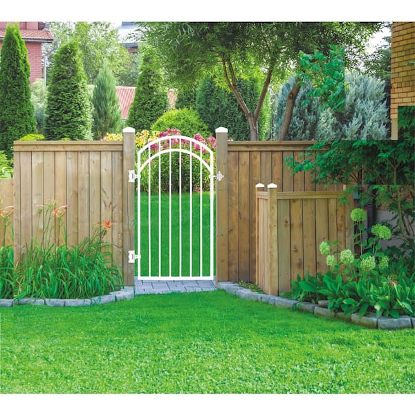 Glossy White Arched Coral Steel Gate (33 in. W x 56 in. H) with Self-Close Hardware, Double-Sided Handle, and 2x2 Hinges