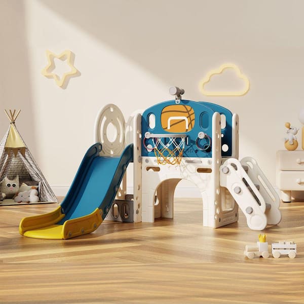 SEEUTEK 9-in-1 Toddler Slide Playset-Ring Toss, Basketball Hoop