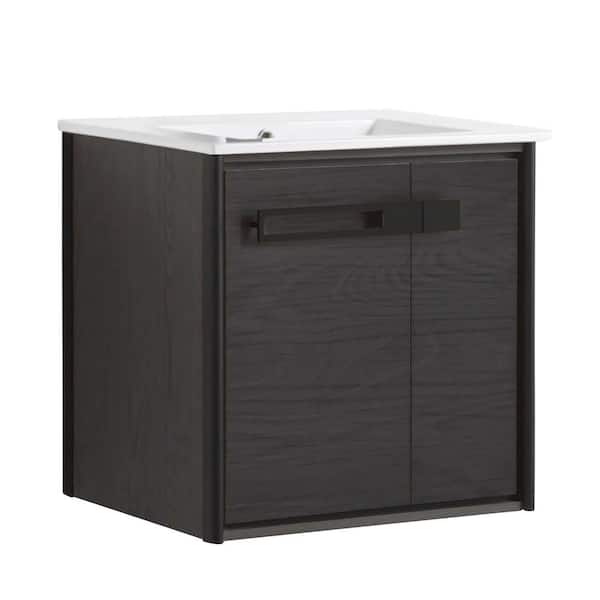 FINE FIXTURES Oakville 24 in. W x 18 in. D x 23.25 in. H Wall Mounted Bathroom Vanity in Black Coal Oak with White Ceramic Sink Top