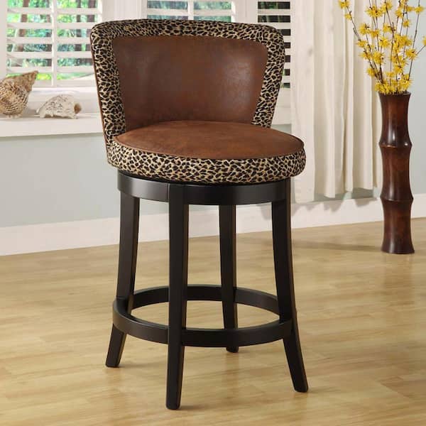 Armen Living Lisbon 30 in. Leopard Print Fabric and Brown Wood Finish Swivel Bar Stool