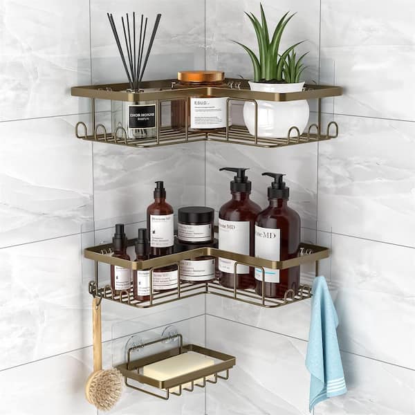 Cubilan Wall Mount Adhesive Corner Shower Caddy with Soap Holder and 12 Hooks  in Bronze (3 Pack) B0B7J8WMVR - The Home Depot