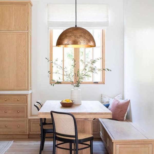 PCover 1-Light Industrial 15 in. Rust Finish Pendant Light w/ Hand-Applied Gold Leaf Interior Vintage Dome Ceiling Light