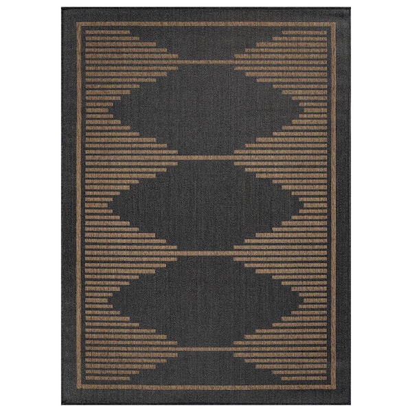 Geometric Dark Gray/Natural Easy-Care Jute-Style Indoor/Outdoor Flat Woven 6 ft. 6 in. x 9 ft. Dark Gray Area Rug