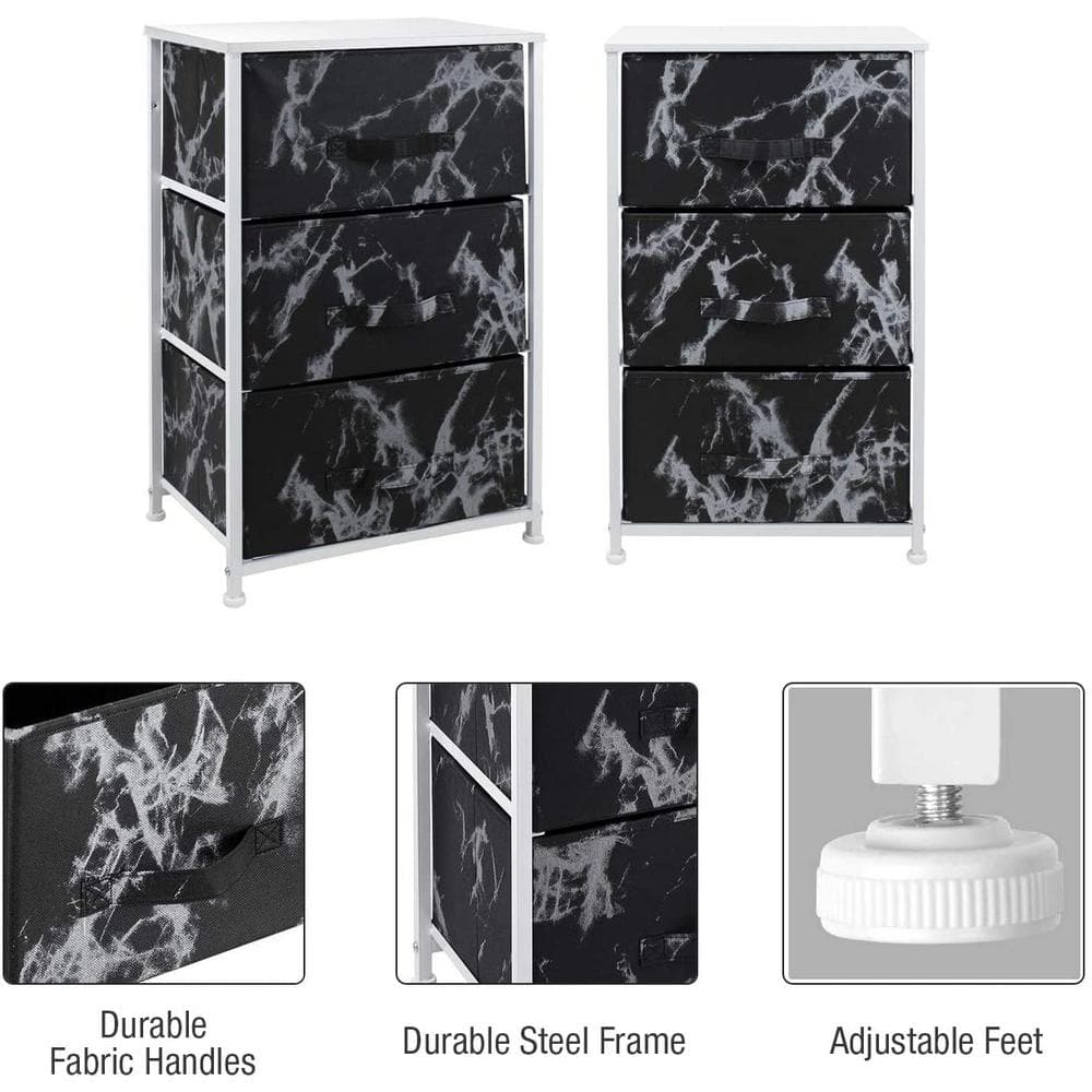 White Frame Black Marble 3-Drawer Nightstand with Fabric Bins