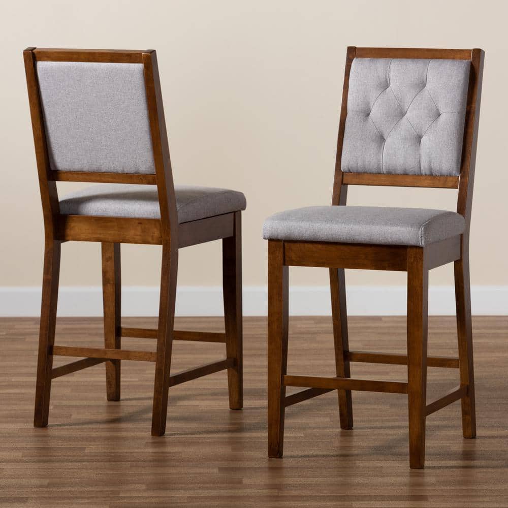 Elegant Grey Fabric and Walnut Brown Wood Counter Stool Set
