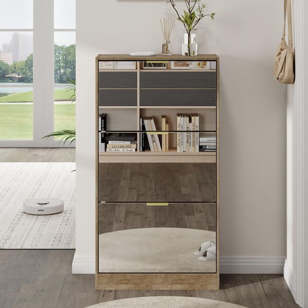 42.3 in. H 18-Pair Oak Wood Shoe Rack with 3-Mirrored Drawers, Adjustable Shelves, Shoe Storage Cabinet for Entryway