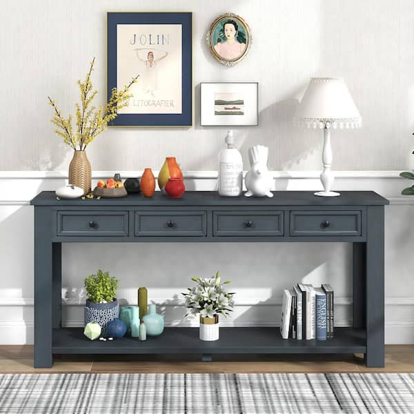 Qualler Navy 63 in. L Rectangle Wood Console Table with Storage Drawers and Bottom Shelf