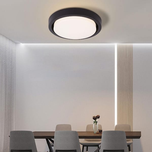 OUKANING 12.59 in. 1-Light Modern Minimalist Round Black Flush