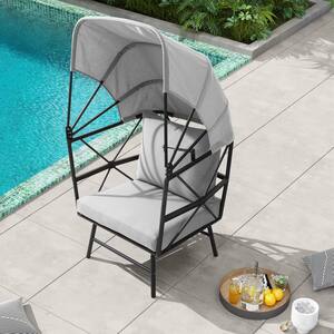 All Weather Aluminum Classic Outdoor Egg Lounge Chair with Gray Cushions and Sun Shade Cover