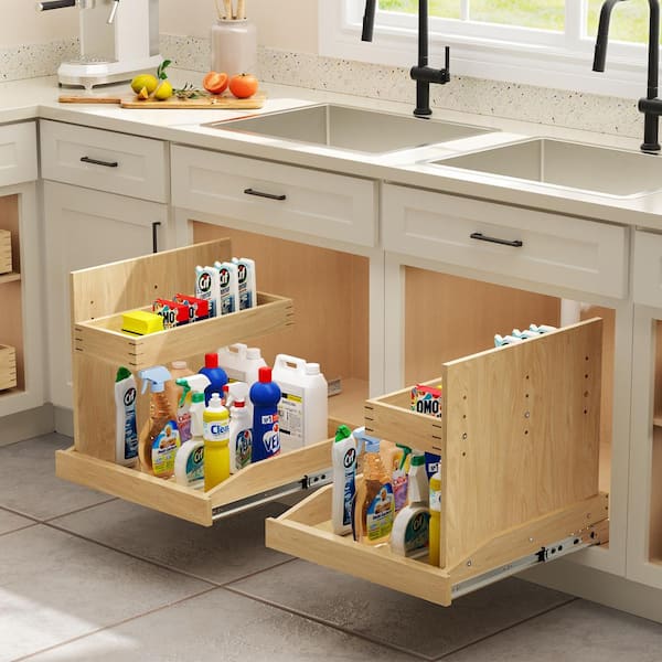 HOMEIBRO 19.5 in. W Adjustable Wood Under Sink Caddy Slide-Out Shelf with Soft Close, Light Brown Wood