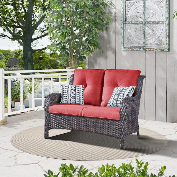 Opohoro ArcoBay 51.5-Inch Brown Wicker and Metal Frame Outdoor Patio Loveseat with Red Cushions