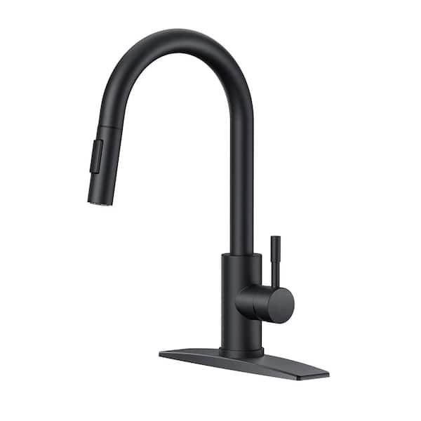Single Handle Pull Down Sprayer Kitchen Faucet with Deckplate and Flexible Hose in Matte Black