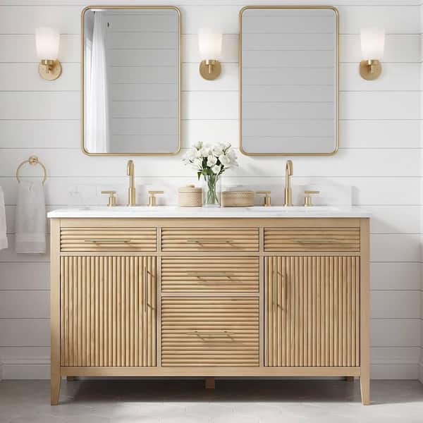 55 in. W x 22 in. D x 34 in. H Double Sinks Freestanding Fluted Fawn Oak Bath Vanity with Calacatta Cultured Marble Top
