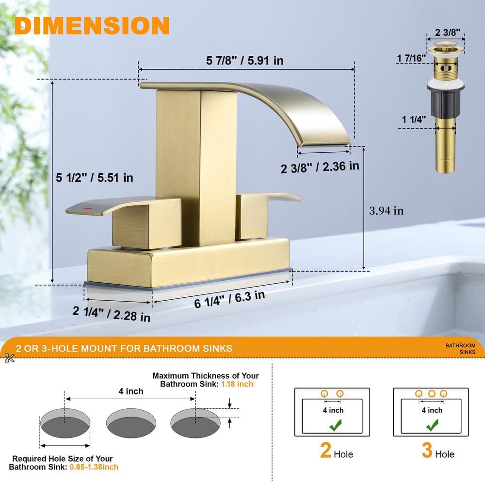 Brushed Gold 4-Inch Centerset Waterfall Bathroom Faucet with Drain Kit
