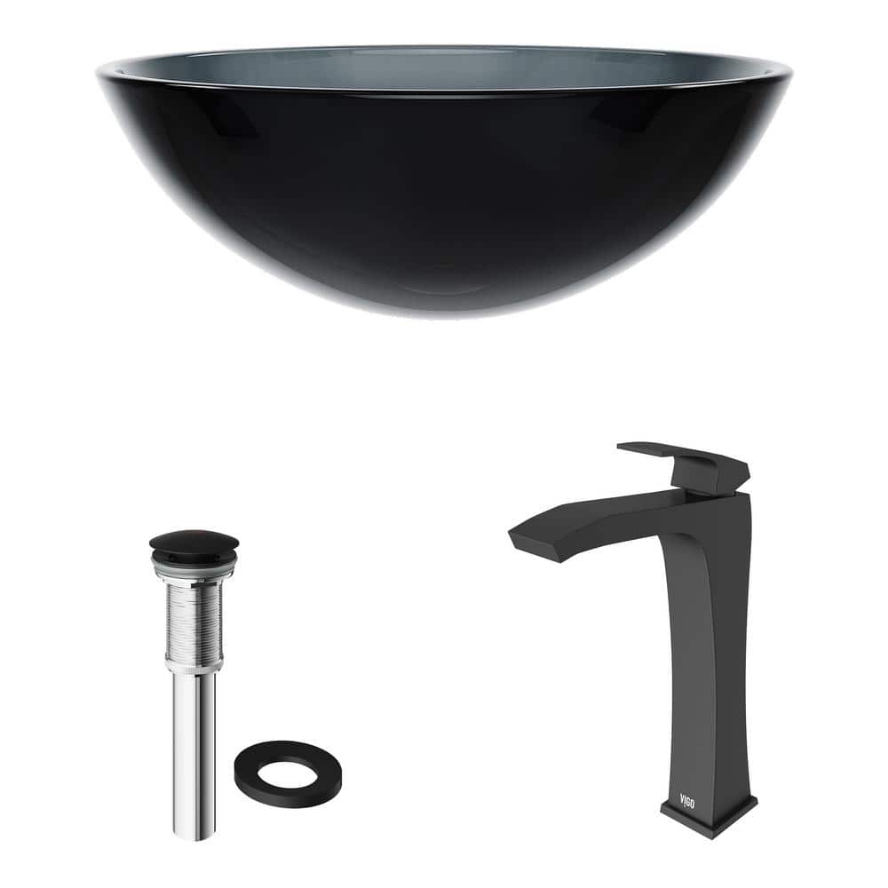 Sheer Black Tempered Glass 16.5" Vessel Bathroom Sink with Matte Black Faucet