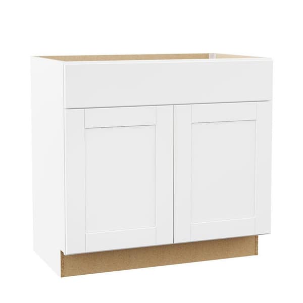 Shaker 36 in. W x 21 in. D x 34.5 in. H Assembled Bath Sink Base Cabinet in Satin White